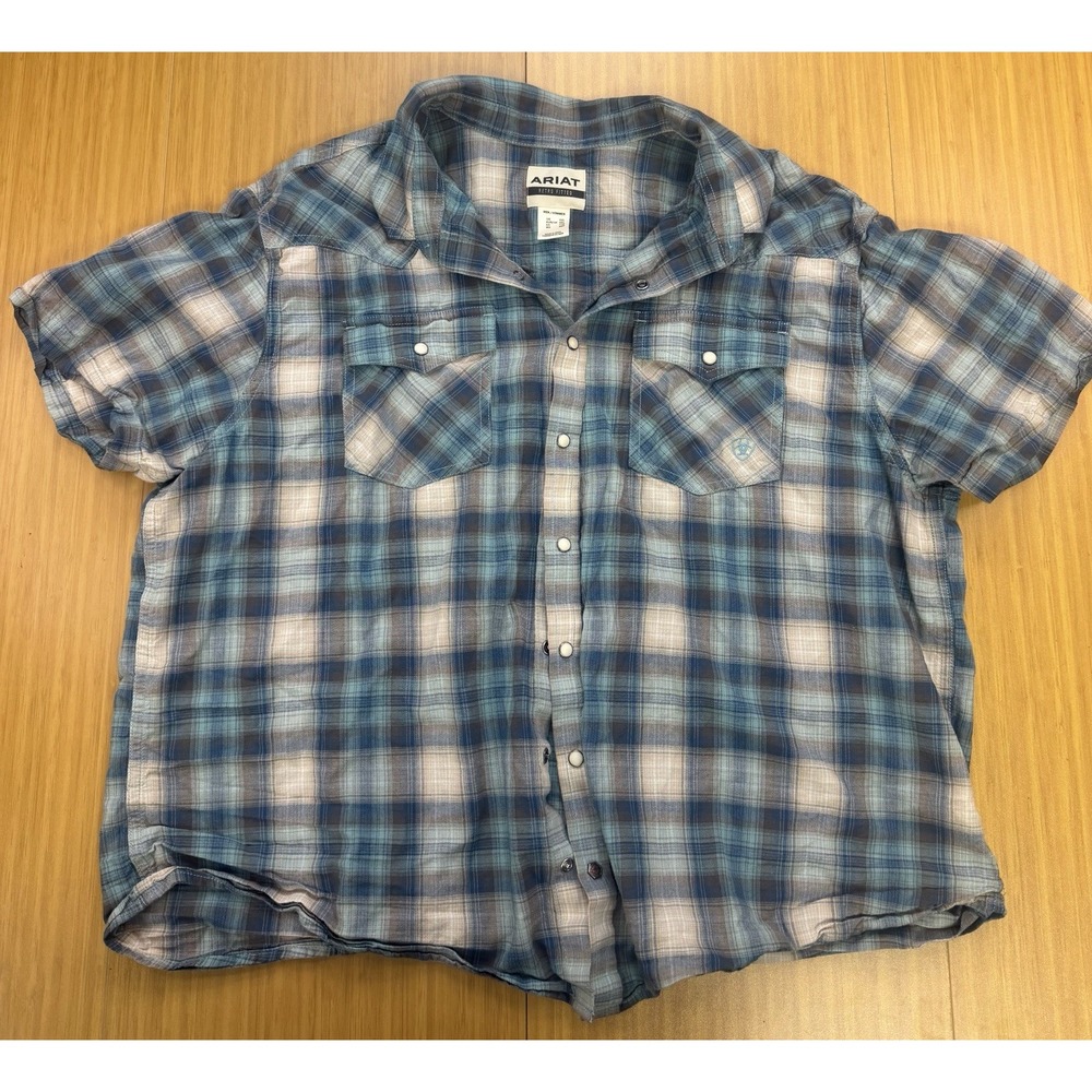 Ariat Retro Fit Shirt Men XL Blue Plaid Western Cowboy Pearl Snaps Short Sleeve
